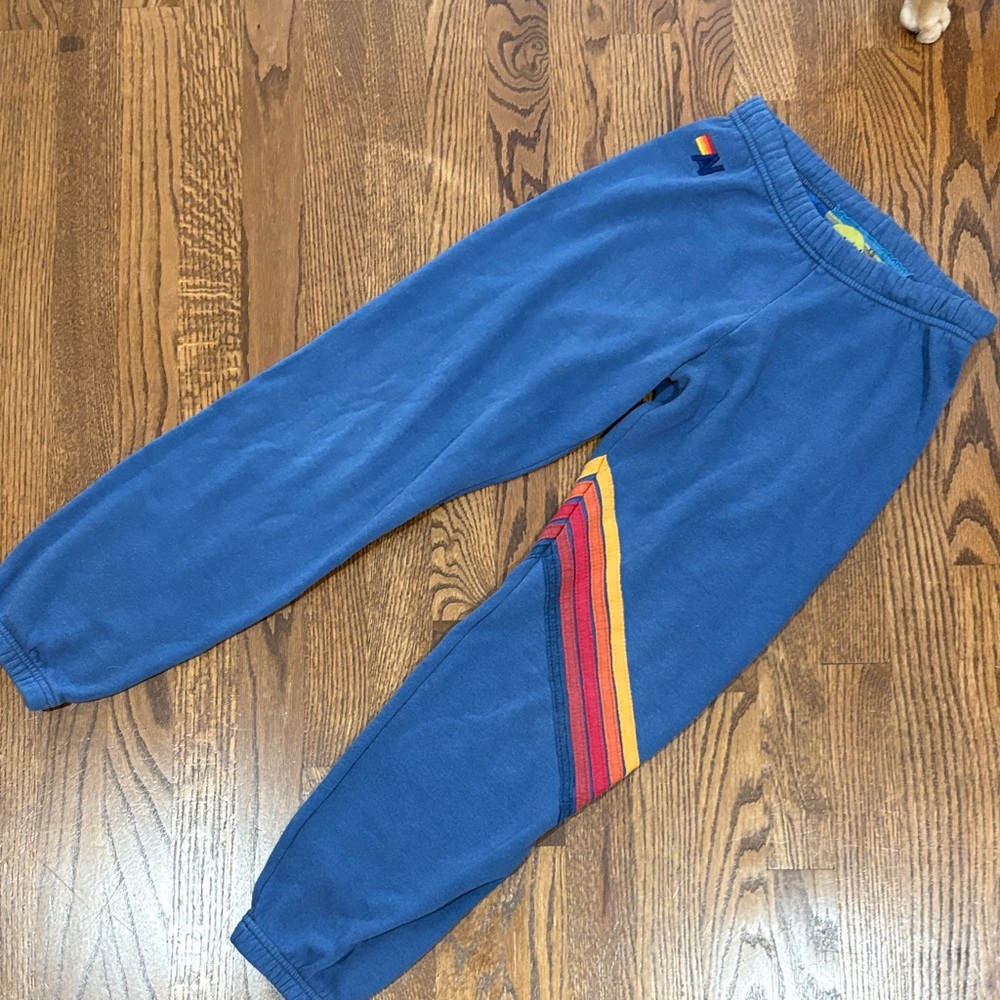 Aviator Nation Blue women’s sweatpants with Rainbow Stripe